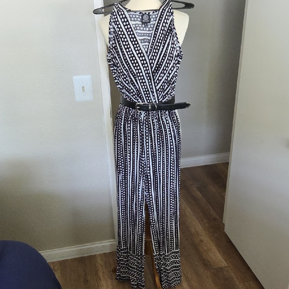 bobeau Black & White Striped Sleeveless Wrap Jumpsuit with Belt
